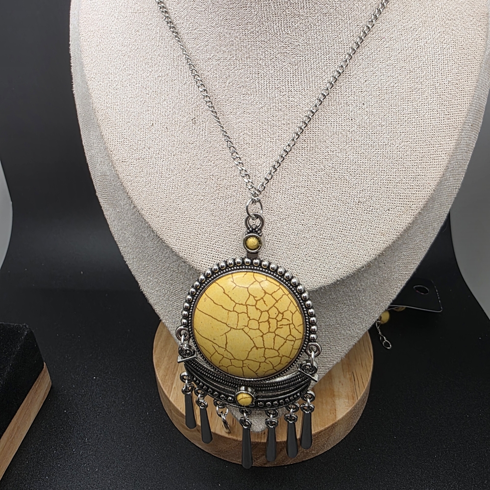 Yellow Pendant Long Necklace with Silver Accents (1621)